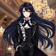 A sophisticated anime character with flowing black hair that smoothly cascades to their shoulders, styled in a refined manner appropriate for 18th-century aristocracy
