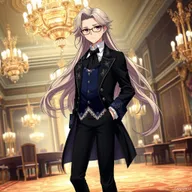An elegant anime character with long, flowing hair that gracefully trails behind them, styled in soft waves that enhance their aristocratic appearance