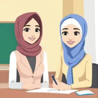 Create an animation-style image featuring a beautiful female teacher wearing a hijab and a handsome student
