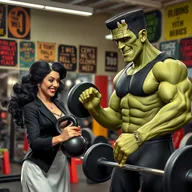 The Bride of Frankenstein and Frankenstein engaging in a fun workout together at a lively gym
