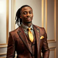A handsome black man with dreadlocks elegantly pulled back into a neat ponytail, dressed in a stylish brown and gold suit with a matching gold straight tie