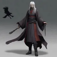 A full body shot of a Shadar-Kai female monk, follower of the Raven Queen, practicing the way of the shadow