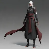 A full body shot of a Shadar-Kai female monk, follower of the Raven Queen, practicing the way of the shadow