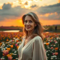 A cinematic scene showcasing a beautiful flower field brimming with colorful tulips and daisies, adjacent to a serene small lake