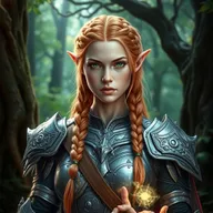 An elven female warrior with beautifully braided reddish-blond hair, her pale skin glowing delicately in the light
