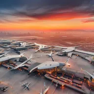 An impressive and bustling airport, bathed in the warm glow of sunset, with airplanes ready for takeoff, surrounded by a sprawling cityscape.