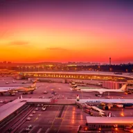 An impressive and bustling airport, bathed in the warm glow of sunset, with airplanes ready for takeoff, surrounded by a sprawling cityscape.