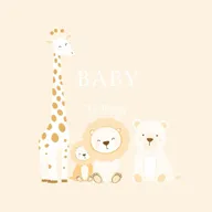 A neutral baby shower design featuring a charming arrangement of cute giraffes, gentle lions, and cuddly bears
