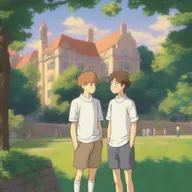 A serene summer evening on a university campus, with two white young males in sports jerseys standing next to each other in anime style