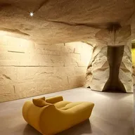 A spacious 4m by 8m room featuring a massive natural rock wall with heavy relief, subtly lit by indirect light and a mirror seamlessly incorporated. Dominating the room is a large, minimalist white sofa adorned with yellow pillows, complemented by a Karim Rashid coffee table.