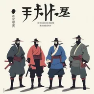 A minimalist poster featuring samurais during the Sengoku period and the unification of Japan