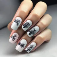 A nail art design featuring a light motorcycle theme on some nails and simple color on the rest