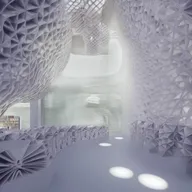 A parametrically designed library inspired by brain frequencies; with bookshelves representing brain waves, alpha, beta, and theta waves represented through unique geometric patterns imbued into the structure.