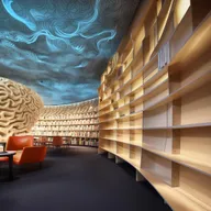 A distinctive library inspired by brain frequencies; swirling bookcases emulate theta and beta waves, illuminating reading spots that resemble alpha pulses, and a calming atmosphere reflecting the delta frequency.