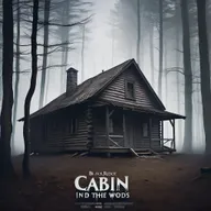 Horror Movie poster, cabin in the woods, creepy, name of movie is black ridge