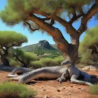 A realistic photograph of a dehesa in Extremadura with dragons covered in scales eating acorns among the holm oaks