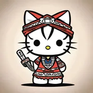 Create an image of Hello Kitty dressed in traditional Native American attire, looking directly at the viewer with a defiant expression and showing her middle finger