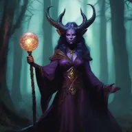 A 55-year-old female tiefling warlock with intricate horns, wearing dark, ornate robes adorned with mystical symbols