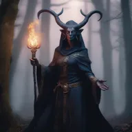 A 55-year-old female tiefling warlock with intricate horns, wearing dark, ornate robes adorned with mystical symbols