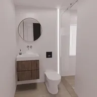 diseña este baño con un estilo moderno y estetico sin modificar lo existente
