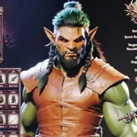 A ranger semi-orc similar to the picture with a small black dragon perched on her shoulder