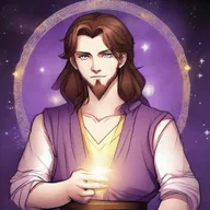 A drawing of a white-skinned teen sorcerer with long brown hair, violet eyes, and a brown beard