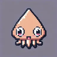 Un ícono de un calamar kawaii en pixel art. En 2 dimensiones sin sombras. Estilo minimalista. Que su cabeza tenga la forma en triangulo característica de un calamar.