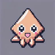 Un ícono de un calamar kawaii en pixel art. En 2 dimensiones sin sombras. Estilo minimalista. Que su cabeza tenga la forma en triangulo característica de un calamar.