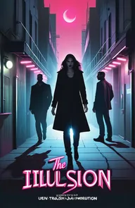 Create a dynamic and eye-catching poster for "The Illusion" In a neo-noir style with neon/urban side lighting.The design should incorporate elements of camp playful and overall theatrical quality. Contemporary but magical with three main characters silhouette and surrounded by pink flames
