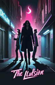 Create a dynamic and eye-catching poster for "The Illusion" In a neo-noir style with neon/urban side lighting.The design should incorporate elements of camp playful and overall theatrical quality. Contemporary but magical with three main characters silhouette and surrounded by pink flames