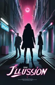 Create a dynamic and eye-catching poster for "The Illusion" In a neo-noir style with neon/urban side lighting.The design should incorporate elements of camp playful and overall theatrical quality. Contemporary but magical with three main characters silhouette and surrounded by pink flames