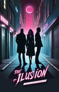 Create a dynamic and eye-catching poster for "The Illusion" In a neo-noir style with neon/urban side lighting.The design should incorporate elements of camp playful and overall theatrical quality. Contemporary but magical with three main characters silhouette and surrounded by pink flames