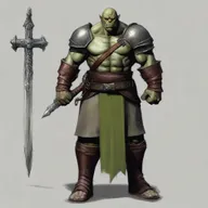 A tall male orc paladin, aged 46, standing at 193 cm