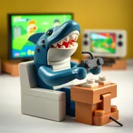 Crea un póster animado de un tiburón jugando con videojuegos, hecho completamente con piezas de Lego
