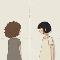 Two girls separated by a wall, one girl with curly hair and the other girl with black hair