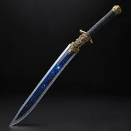 Generate an image of a cosmic katana, its blade filled with stars and galaxies, blending seamlessly into the dark void of the cosmic universe, and the handle, an intricate design of celestial elements.