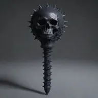 Create an image of a menacing death mace. It's ominously dark, with skull motifs and eerie, dark energy swirling around the spiked ball at the end of the handle.