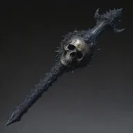 Generate a detailed picture of a death mace - an intimidating weapon with an ominous dark color scheme, adorned with skull motifs and swirling ghostly energy encompassing the spiked ball at the end.