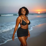 A 25-year-old Black woman with medium-sized breasts and a curvy figure, wearing a short skirt, enjoying her time at the beach