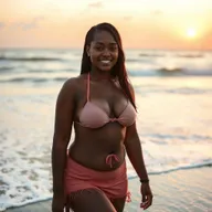 A cute Black Latina girl with medium-sized breasts and a curvy figure, wearing a short skirt and a bikini top, enjoying her time at the beach
