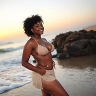A cute Black Latina girl with large breasts and a curvy figure, wearing a short skirt and a bikini top, enjoying her time at the beach