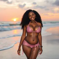A cute Black Latina girl with large breasts and a big curvy figure, wearing a short skirt and a bikini top, enjoying her time at the beach
