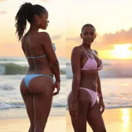 A cute Black Latina girl with light skin, large breasts, a big curvy figure, and a small waist, standing at the beach in a bikini, showing her back