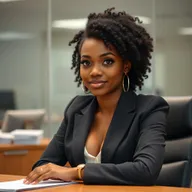 A cute Black Latina girl with light skin, medium-length curly black hair, huge breasts, a big ass, and a small waist, sitting at a desk in an office