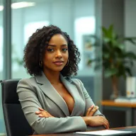 A cute Black Latina girl with light skin, medium-length curly black hair, huge breasts, a big ass, and a small waist, sitting at a desk in an office