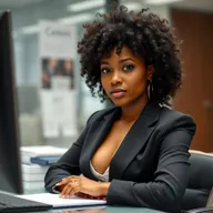 A cute Black Latina girl with light skin, medium-length curly black hair, huge breasts, a big ass, and a small waist, sitting at a desk in an office