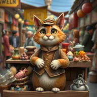 A whimsical cat dressed as a merchant, standing behind a wooden stall filled with various colorful goods