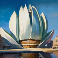 A painting of a building in the shape of a flower