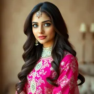Create a high-resolution, realistic image of a Pakistani model in her mid-20s, with long, wavy brunette hair and striking green eyes