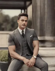 A 23 years boy wearing black three piece suit standing in style in front of a western style building